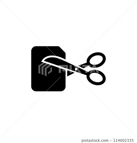 A pair of scissors cutting through a SIM card, representing the concept of SIM card removal, switching devices, or customizing mobile technology. Vector icon for website design, logo, app, ui. A pair of scissors cutting through a SIM card, representing the concept of SIM card removal, switching devices, or customizing mobile technology. Vector icon for website design, logo, app, ui. 114002335