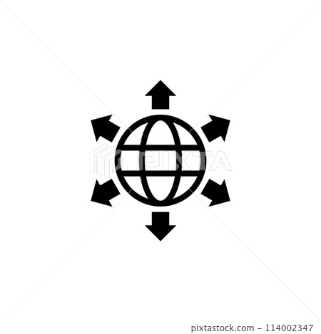 A minimalist icon representing global interconnectivity and digital communication, with arrows pointing outward from a central globe. Vector icon for website design, logo, app, and ui. A minimalist icon representing global interconnectivity and digital communication, with arrows pointing outward from a central globe. Vector icon for website design, logo, app, and ui. 114002347