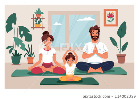Family doing yoga in Lotus pose 114002359