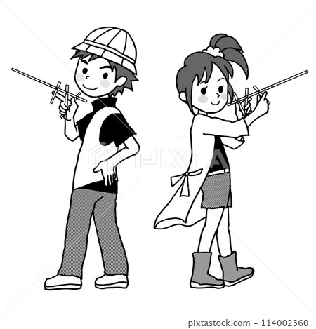 Boy and girl posing with handmade toy chopstick guns Monochrome tone illustration Boy and girl posing with handmade toy chopstick guns Monochrome tone illustration 114002360