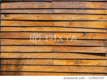 Natural wood slats wall or lath line arrange. Flooring pattern surface texture. Close-up of interior architecture material for design decoration background. 114002587