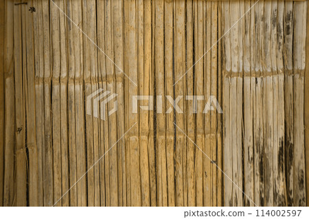 Natural wood slats wall or lath line arrange. Flooring pattern surface texture. Close-up of interior architecture material for design decoration background. 114002597