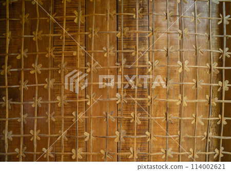 Natural wood slats wall or lath line arrange. Flooring pattern surface texture. Close-up of interior architecture material for design decoration background. 114002621