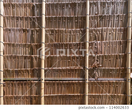 Natural wood slats wall or lath line arrange. Flooring pattern surface texture. Close-up of interior architecture material for design decoration background. Natural wood slats wall or lath line arrange. Flooring pattern surface texture. Close-up of interior architecture material for design decoration background. 114002633
