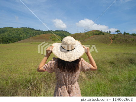Portrait of Asian woman travel at lush green trees in tropical forest in national park in summer season. Natural landscape. 114002668