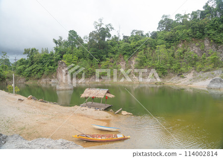 Ground in the land with sand in factory industry for construction site. Arid pattern texture background. Bulldozer tractor Ground in the land with sand in factory industry for construction site. Arid pattern texture background. Bulldozer tractor 114002814