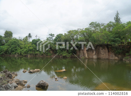 Ground in the land with sand in factory industry for construction site. Arid pattern texture background. Bulldozer tractor 114002816