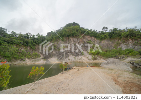 Ground in the land with sand in factory industry for construction site. Arid pattern texture background. Bulldozer tractor Ground in the land with sand in factory industry for construction site. Arid pattern texture background. Bulldozer tractor 114002822