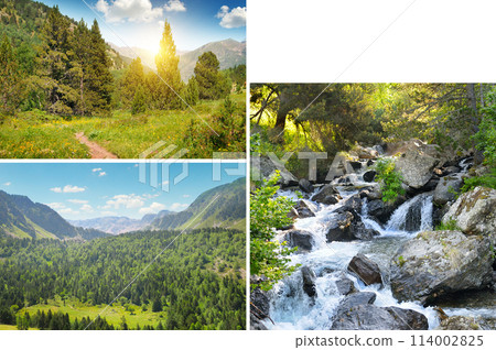 Pyrenees mountains in Andorra, forest,Bright sunrise, mountain river and waterfall. There is free space for text. Collage. Pyrenees mountains in Andorra, forest,Bright sunrise, mountain river and waterfall. There is free space for text. Collage. 114002825