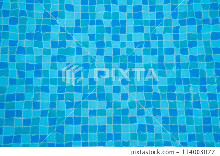 Mosaic square tiles flooring in swimming pool with water ripple waves for wallpaper. Architecture design pattern material texture background, 3d abstract illustration 114003077