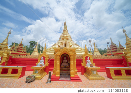 The Isan pagoda is a buddhist temple near Bangkok, an urban city town, Thailand. Thai architecture landscape background. Tourist attraction landmark. 114003118