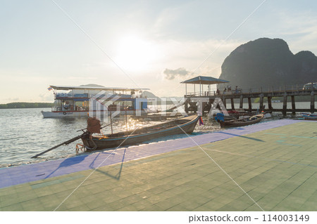 Koh Panyee, The Floating village urban city town houses, lake sea or river. Nature landscape fisheries and fishing tools at Pak Pha, Phang Nga, Thailand. Aquaculture farming 114003149