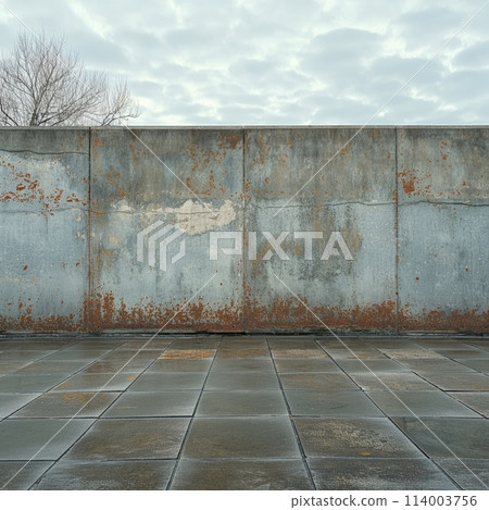 Rusted industrial wall and tiled floor 114003756