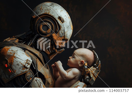 Futuristic robot gently holding a human baby Futuristic robot gently holding a human baby 114003757