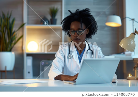 A confident female doctor works diligently in her hospital office, using technology for patient care 114003770