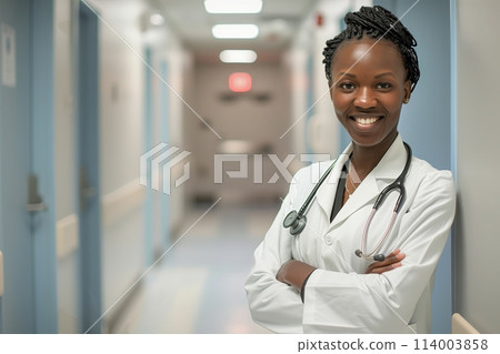 confident Afro-American woman doctor with a warm smile confident Afro-American woman doctor with a warm smile 114003858