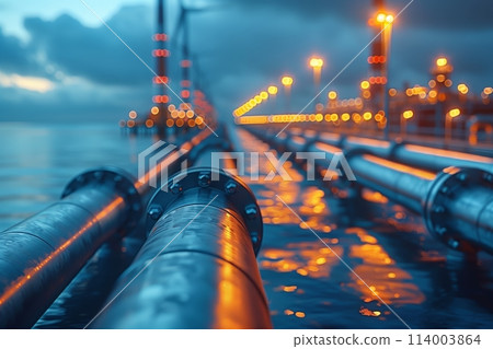 Illuminated pipeline over water at twilight 114003864