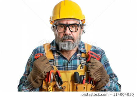 Construction worker with tools and yellow helmet 114004030