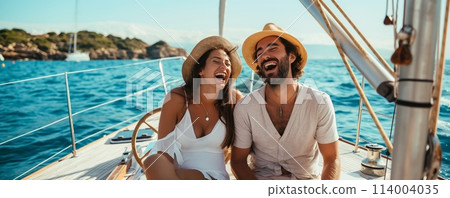Joyful couple sitting on yacht deck 114004035