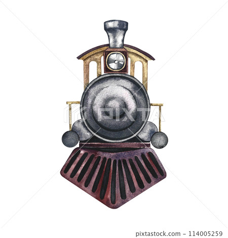 Vintage retro steam locomotive, front view. Watercolor illustrations are made by hand, in isolation. For banners, flyers, posters. For prints, stickers, postcards and tickets. 114005259