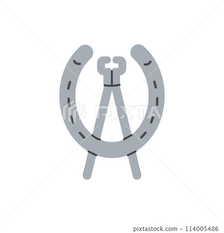 Horseshoe with tool. Ferrier worker. Equine health. Equestrian sports. Horse stables job. Vector illustration colored flat hand drawn isolated on white background. Horseshoe with tool. Ferrier worker. Equine health. Equestrian sports. Horse stables job. Vector illustration colored flat hand drawn isolated on white background. 114005486