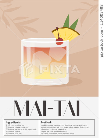 Mai Tai Cocktail garnished with pineapple slice and cherry. Classic alcoholic beverage recipe. Summer aperitif poster. Minimalist trendy print with alcoholic drink. Vector flat illustration. 114005498