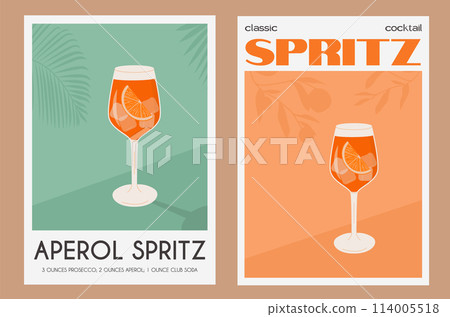 Aperol Spritz Cocktail in glass with ice and orange slice. Summer Italian aperitif retro poster set. Wall art with alcoholic beverage garnished with orange wedge and citrus tree on background. Vector. 114005518