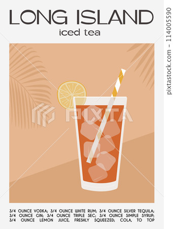 Long Island Iced Tea Cocktail with lime slices. Classic alcoholic beverage recipe. Summer aperitif poster. Minimalist trendy print with alcoholic drink. Vector flat illustration. 114005590