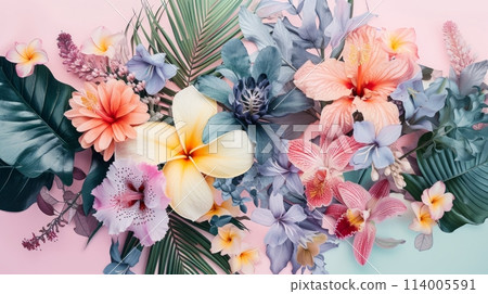 Vibrant abstract botanical collage with lush tropical foliage. Composition of exotic plants and leaves on a contemporary graphic jungle background. 114005591