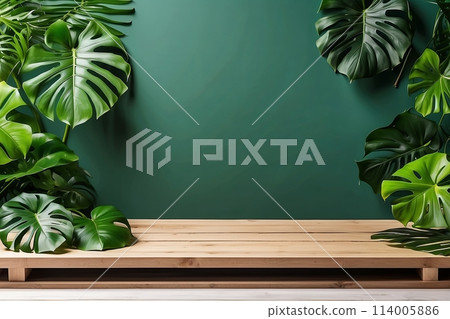 green background with a wooden podium for products and monstera leaves 114005886