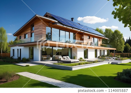 Residential building with solar panels on the roof 114005887