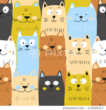 Seamless pattern with cute kitten print. Different scandy cats on color background. Scandinavian style illustration for kids. Vector illustration for fabric, textile, wallpaper, home clothing, pajama 114006421
