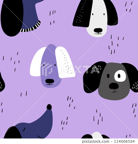 Vector seamless repeating childish pattern with cute dogs in Scandinavian style. Animals background with dog, pets, puppy for invitation, poster, card, flyer, textile, fabric Vector seamless repeating childish pattern with cute dogs in Scandinavian style. Animals background with dog, pets, puppy for invitation, poster, card, flyer, textile, fabric 114006584