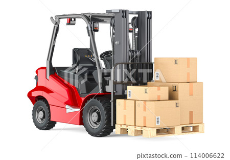 Forklift truck with parcels, cardboard boxes. 3D rendering Forklift truck with parcels, cardboard boxes. 3D rendering 114006622