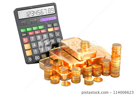 Calculator with golden coins and gold bars, 3D rendering 114006623
