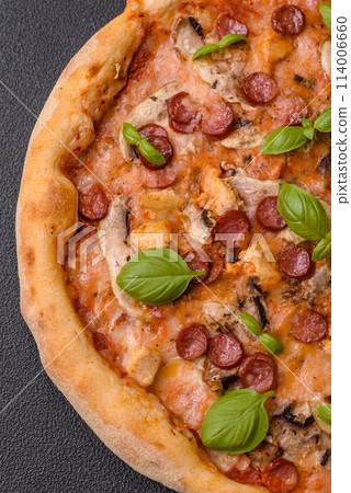 Delicious pizza with sausage, cheese, tomatoes, salt, spices and herbs 114006660