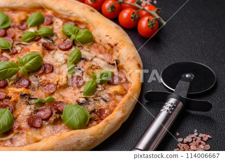 Delicious pizza with sausage, cheese, tomatoes, salt, spices and herbs Delicious pizza with sausage, cheese, tomatoes, salt, spices and herbs 114006667