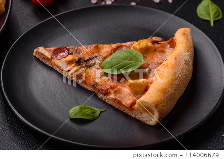 Delicious pizza with sausage, cheese, tomatoes, salt, spices and herbs Delicious pizza with sausage, cheese, tomatoes, salt, spices and herbs 114006679