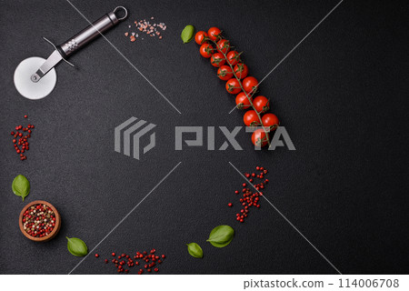 Ingredients salt, spices, herbs and tomatoes on a dark concrete background Ingredients salt, spices, herbs and tomatoes on a dark concrete background 114006708