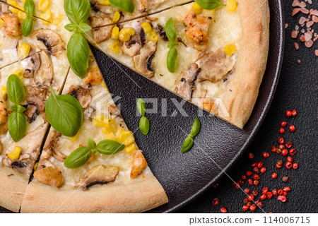 Delicious pizza with corn, cheese, tomatoes and mushrooms, salt, spices and herbs 114006715