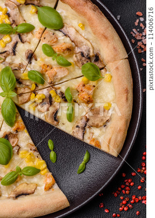 Delicious pizza with corn, cheese, tomatoes and mushrooms, salt, spices and herbs Delicious pizza with corn, cheese, tomatoes and mushrooms, salt, spices and herbs 114006716