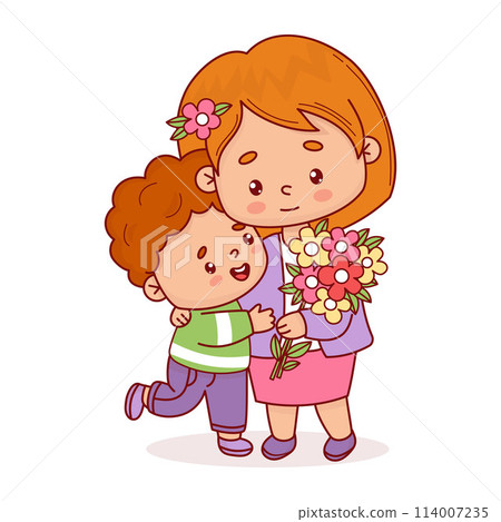 Cute woman with her son and bouquet of flowers. Vector illustration flat cartoon style kawaii. Positive festive female character for birthday, Women's Day, Mother's Day design 114007235