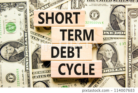 Short term debt cycle symbol. Concept words Short term debt cycle on beautiful wooden block. Beautiful dollar bills background. Dollar bills. Business Short term debt cycle concept. Copy space. 114007683