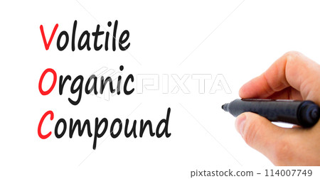 VOC volatile organic compound symbol. Concept words VOC volatile organic compound on beautiful white paper. Beautiful white background. Business VOC volatile organic compound concept. Copy space. 114007749