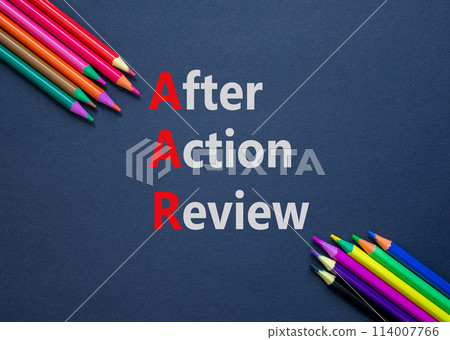 AAR After action review symbol. Concept words AAR After action review on beautiful black paper. Beautiful black background. Colored pencils. Business AAR after action review concept. Copy space. AAR After action review symbol. Concept words AAR After action review on beautiful black paper. Beautiful black background. Colored pencils. Business AAR after action review concept. Copy space. 114007766