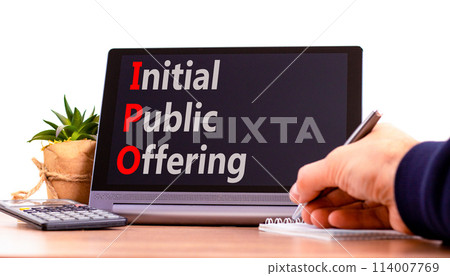 IPO initial public offering symbol. Concept words IPO initial public offering on beautiful black tablet. Beautiful white background. Business IPO initial public offering concept. Copy space. 114007769