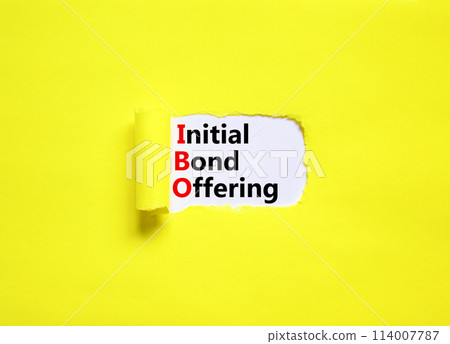 IBO initial bond offering symbol. Concept words IBO initial bond offering on beautiful white paper. Beautiful yellow paper background. Business IBO initial bond offering concept. Copy space. 114007787