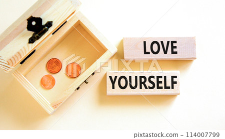 Love yourself symbol. Concept words Love yourself on beautiful wooden blocks. Beautiful white table white background. Wooden beautiful chest with coins. Psychology love yourself concept. Copy space. Love yourself symbol. Concept words Love yourself on beautiful wooden blocks. Beautiful white table white background. Wooden beautiful chest with coins. Psychology love yourself concept. Copy space. 114007799