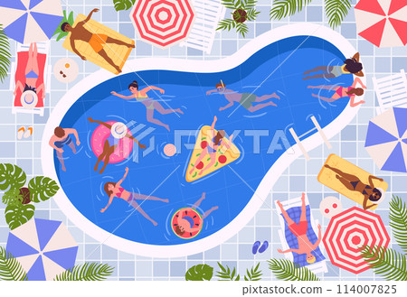 Cartoon swimming pool scene. People sunbathing, swimming and floating on inflatable rings in swimming pool, summer water activities flat vector illustration. Summer pool vacation pastime 114007825