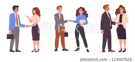 Colleagues shaking hands. Business people handshake, business deal or agreement, men and woman shaking hands flat vector illustration set. Office workers handshake 114007828